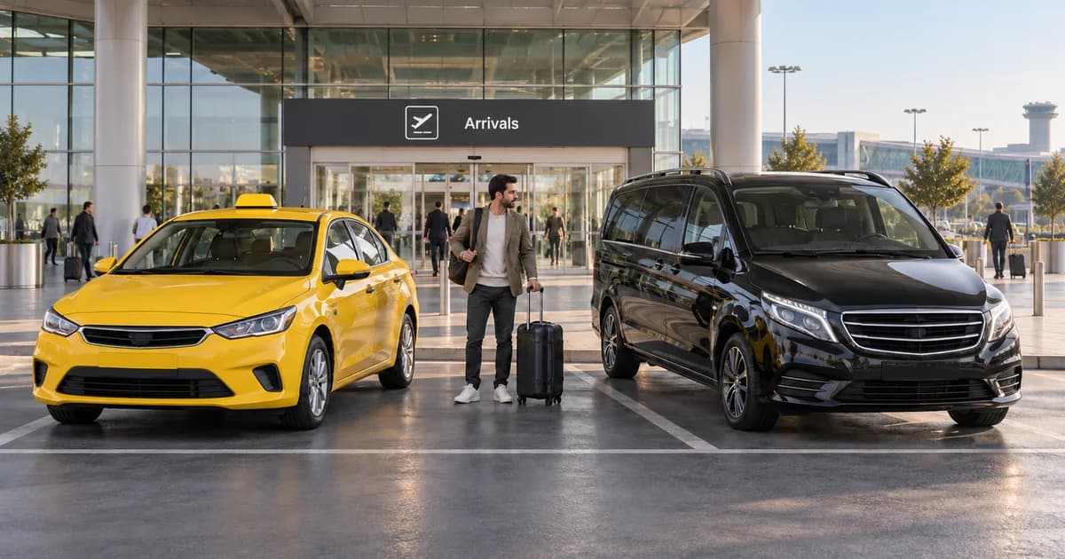 Yellow taxi and private transfer minivan outside an airport