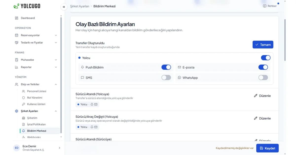 YolcuGo event-based WhatsApp and SMS notification settings