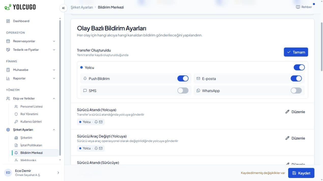 Olay ve alıcı bazında bildirim kanalları