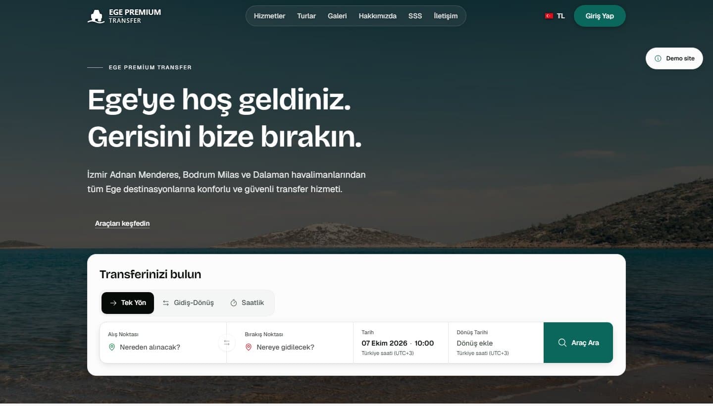 Ege Premium Transfer örnek sitesinin marka görünümü ve transfer arama formu